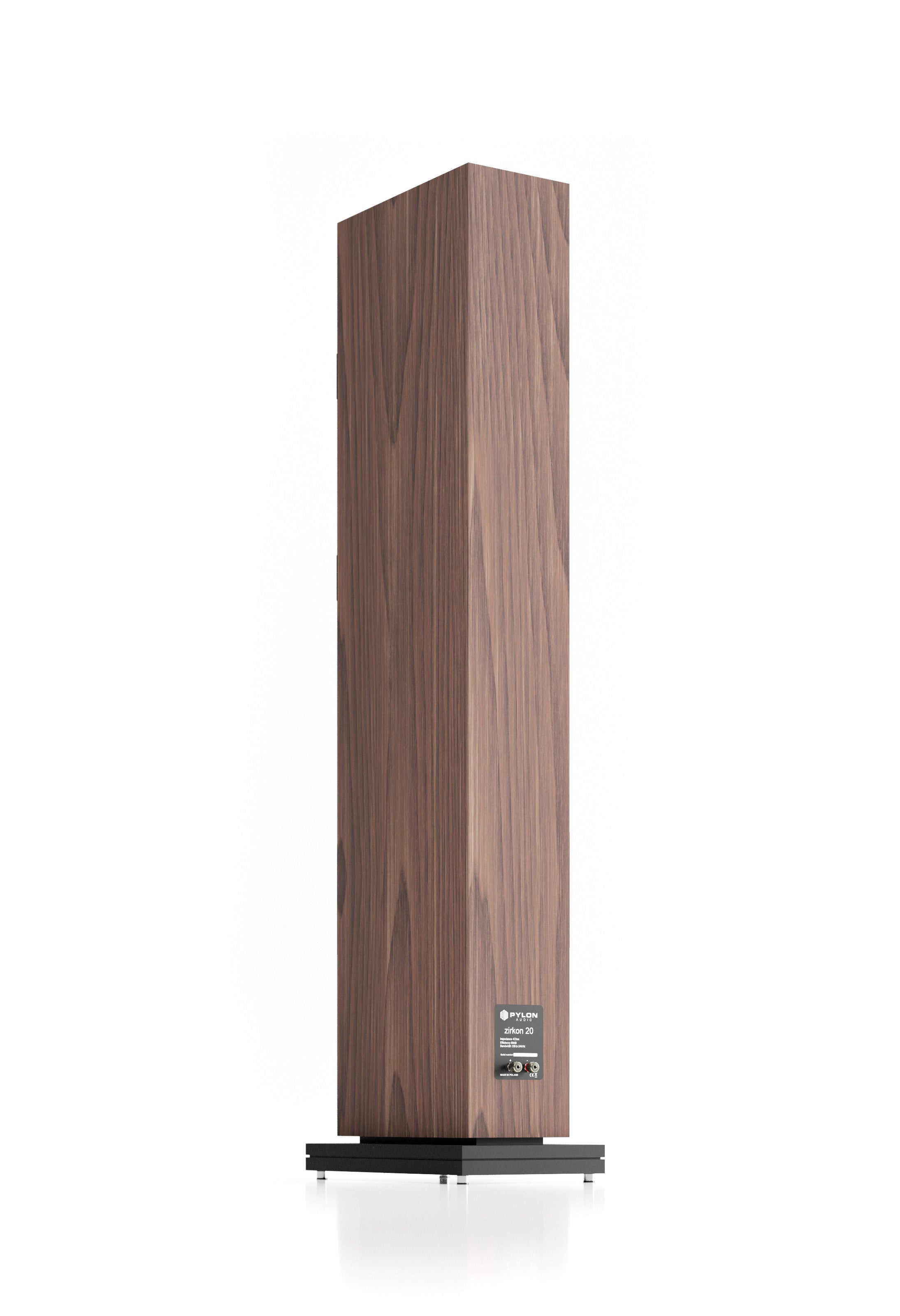 Walnut-finish floorstanding loudspeaker with three visible drivers on the front baffle