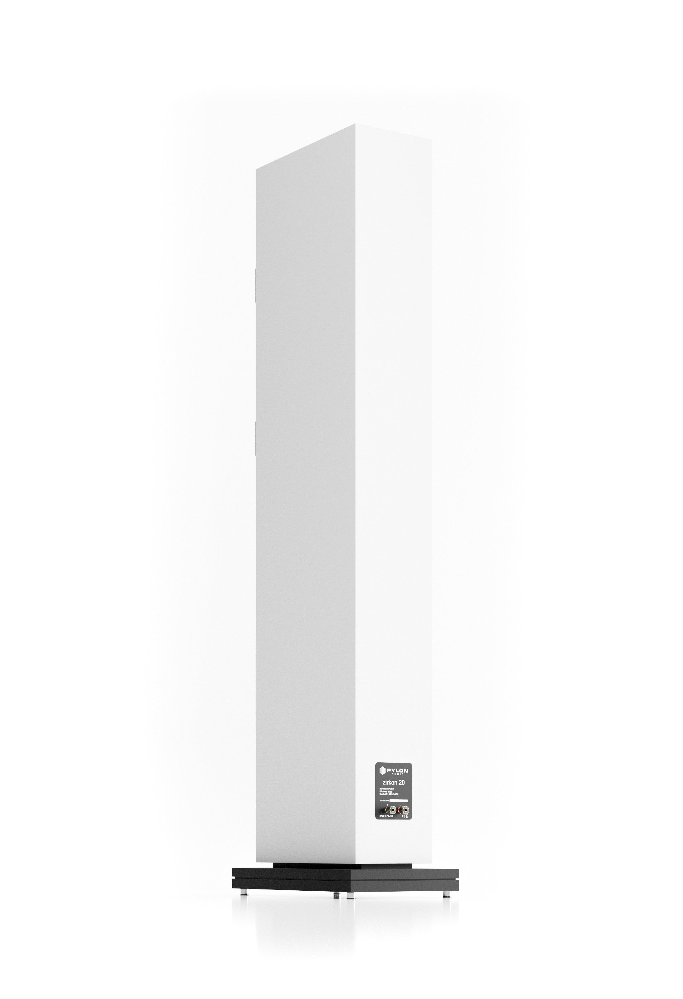 White floorstanding loudspeaker with three front drivers on the speaker cabinet