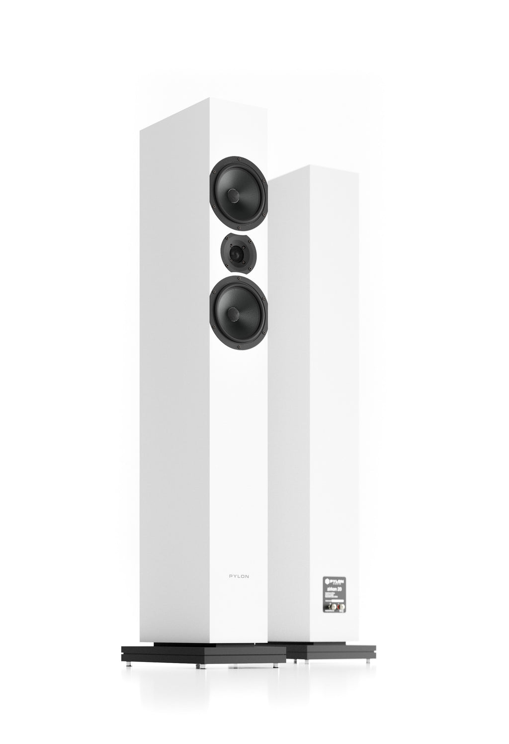 White floorstanding loudspeaker showing three front drivers and a tall slim cabinet