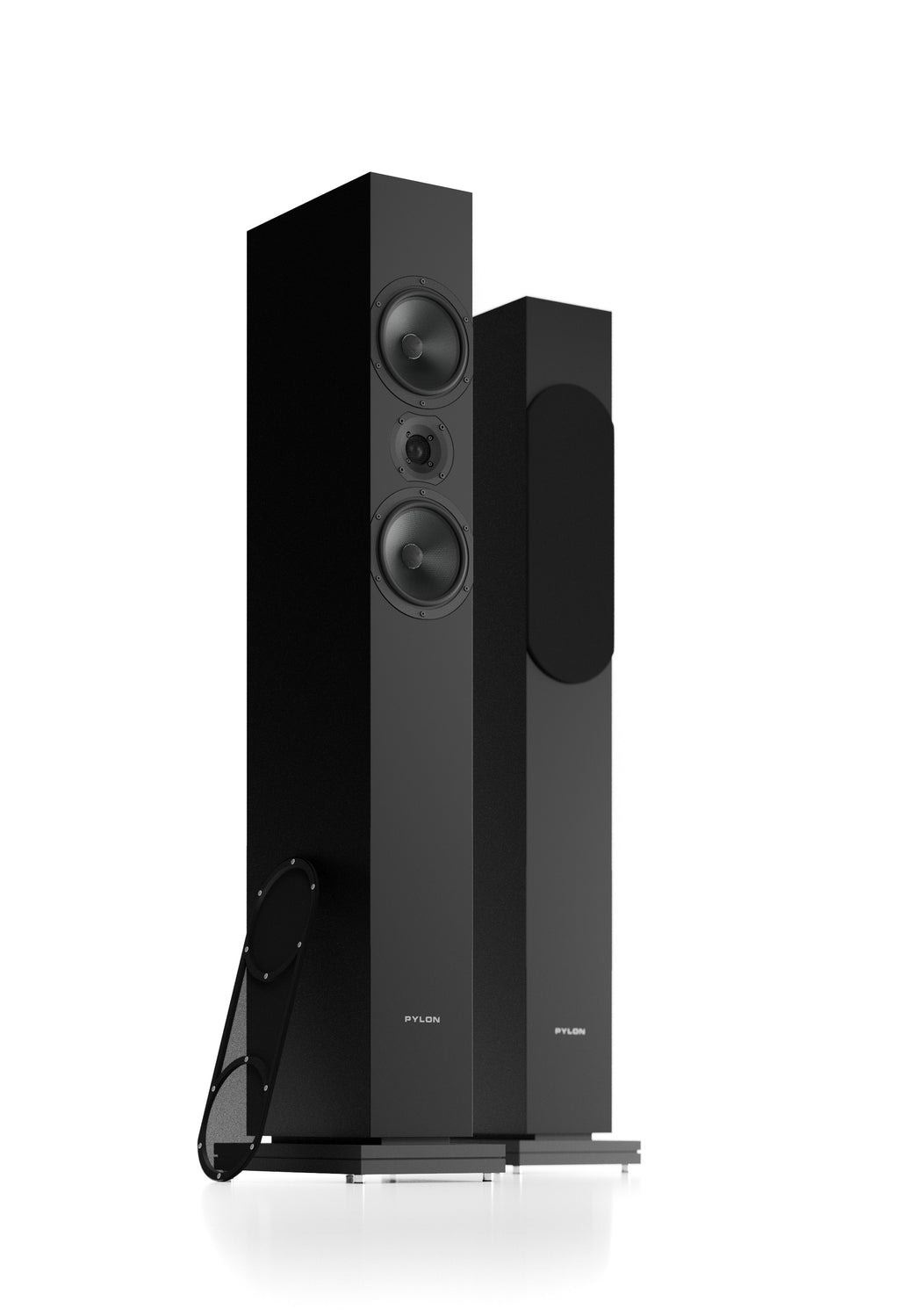 Black floorstanding loudspeaker pair, front with three drivers and bass port detail