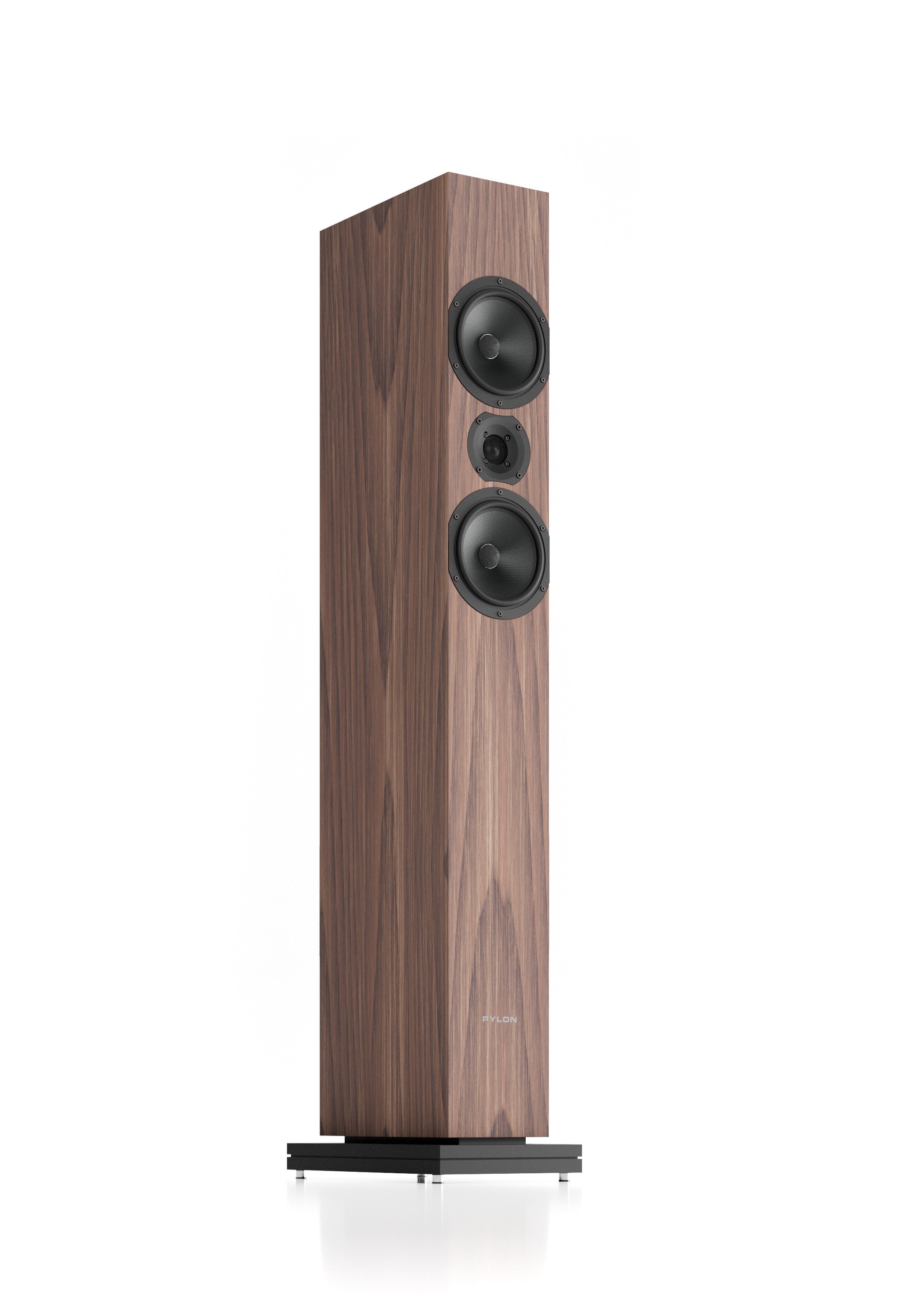Walnut floorstanding loudspeaker in side view with three front drivers visible