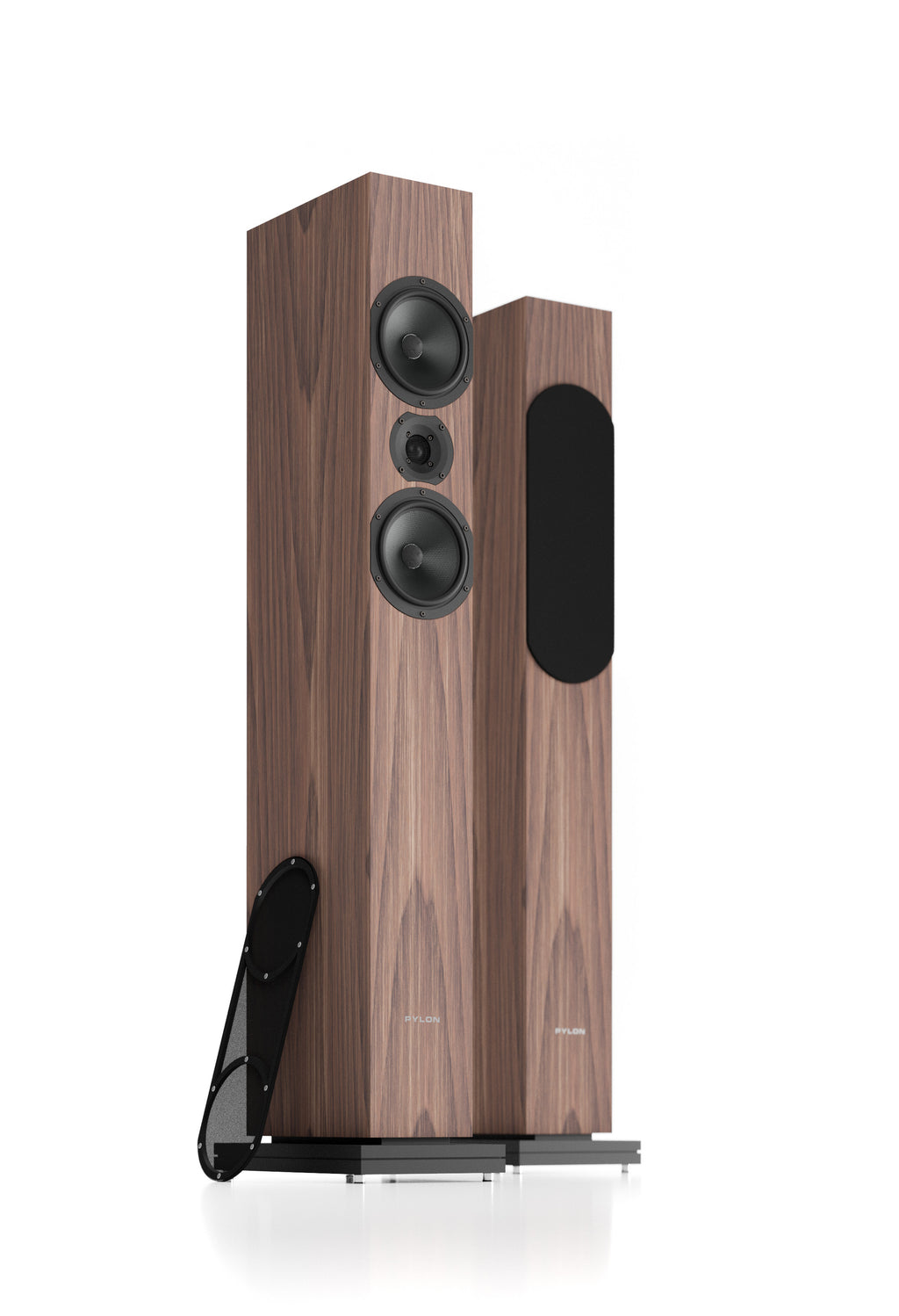 Walnut floorstanding loudspeaker pair shown from an angled side view