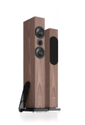 Walnut floorstanding loudspeaker pair shown from an angled side view