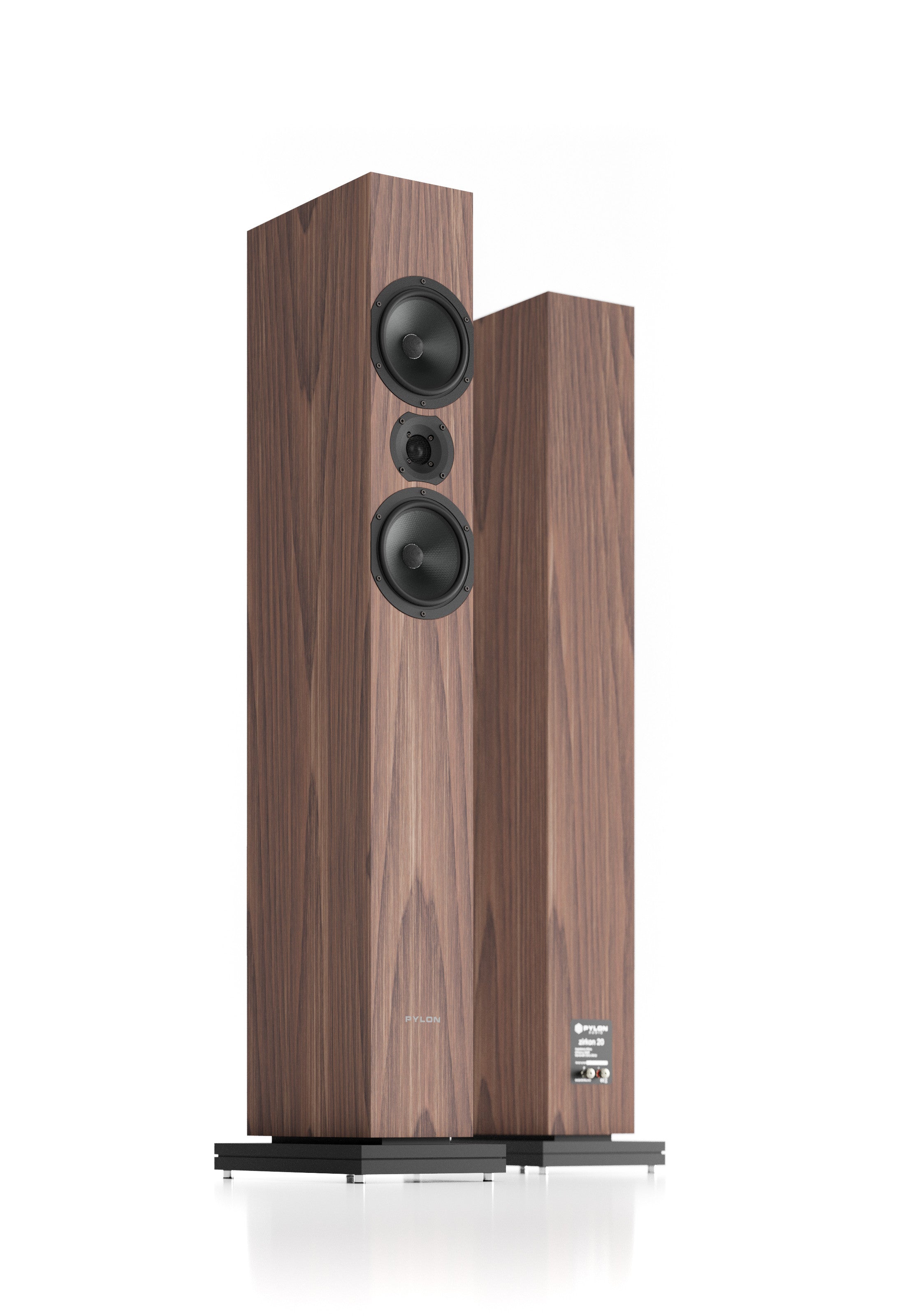 Walnut-finish floorstanding loudspeaker with three front drivers and bottom stand