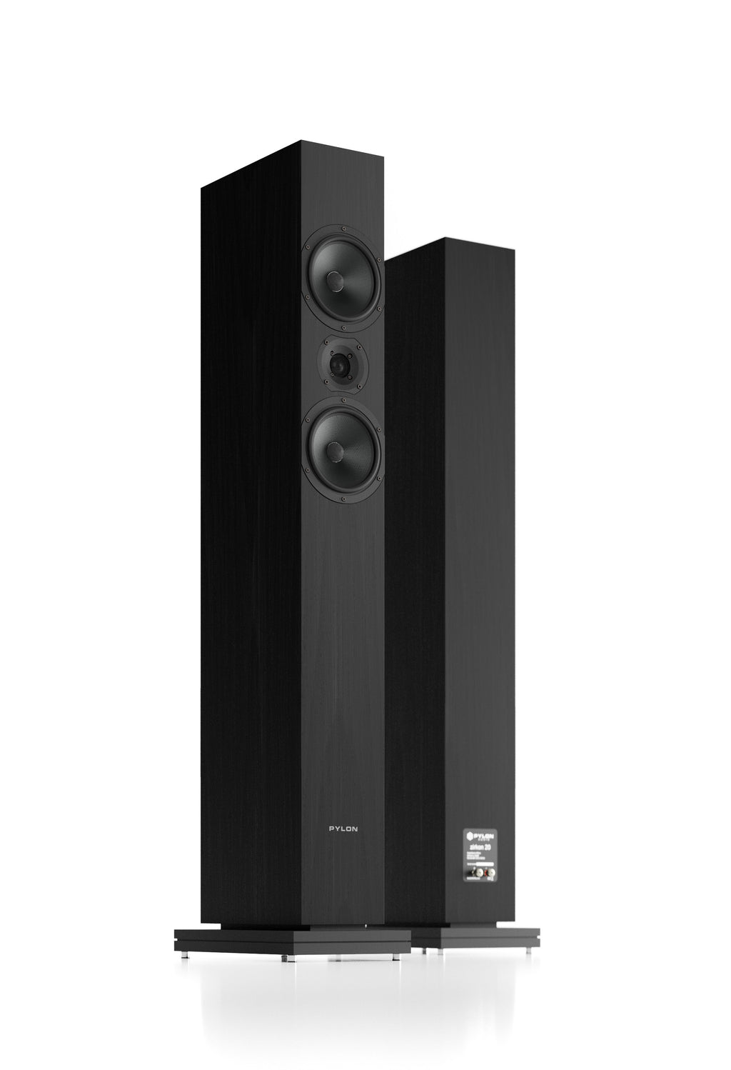 Black floorstanding loudspeaker with three front drivers and dark cabinet finish