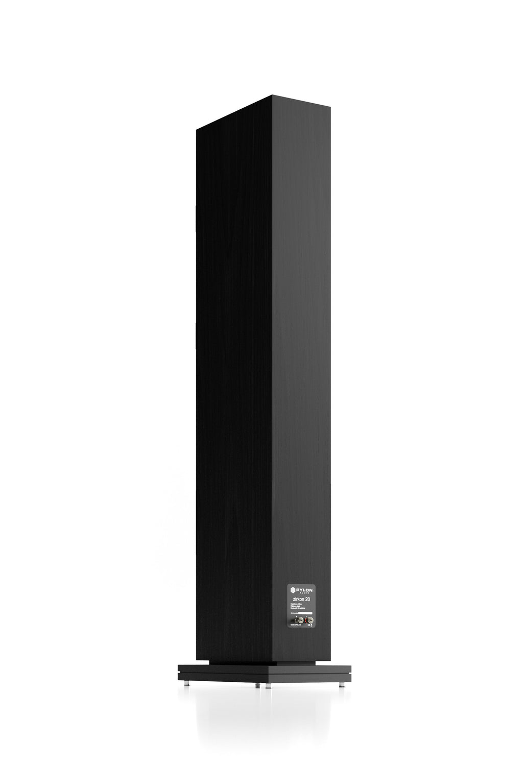 Black floorstanding loudspeaker cabinet front view with driver grille and base stand