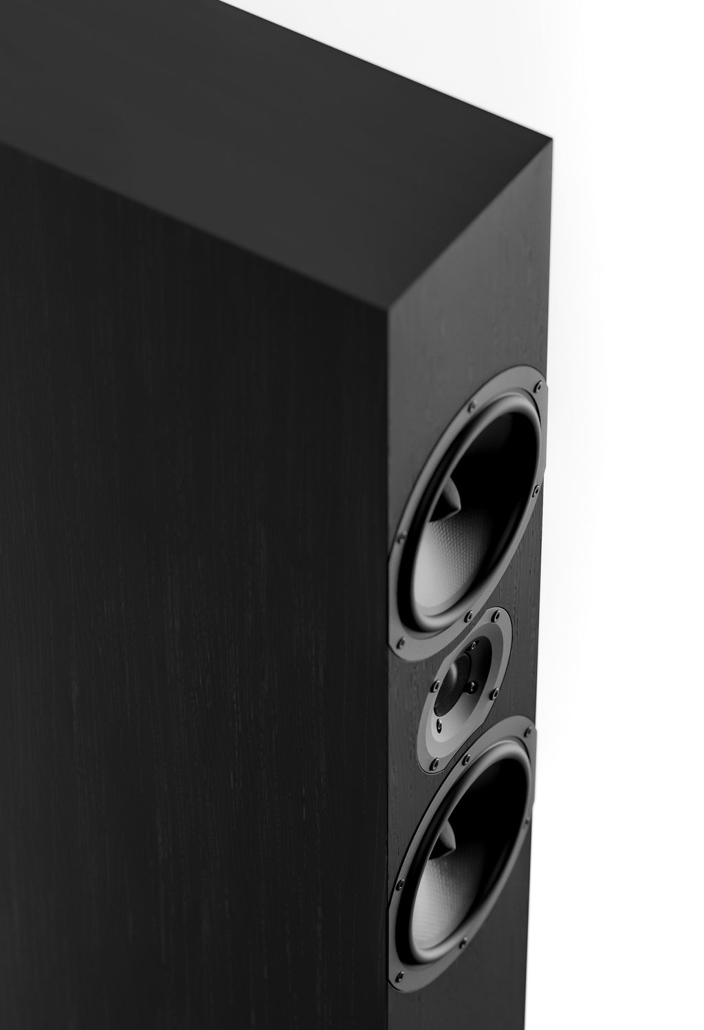 Close-up of black floorstanding speaker front with two woofers and a tweeter