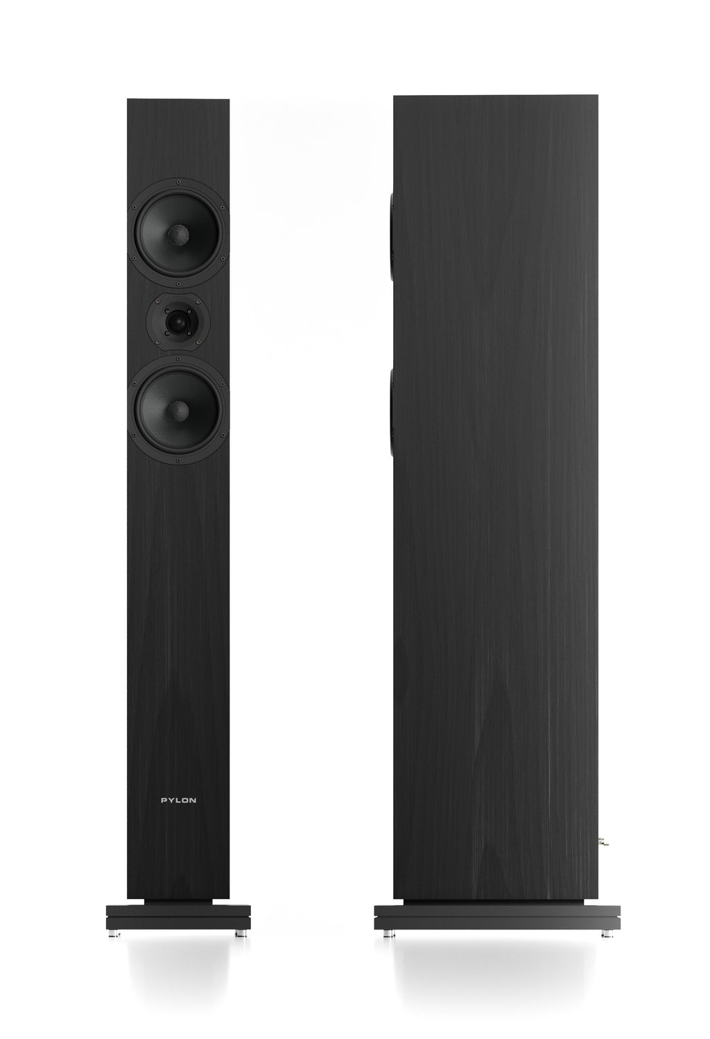 Pair of black floorstanding loudspeakers with three drivers each on the front panels