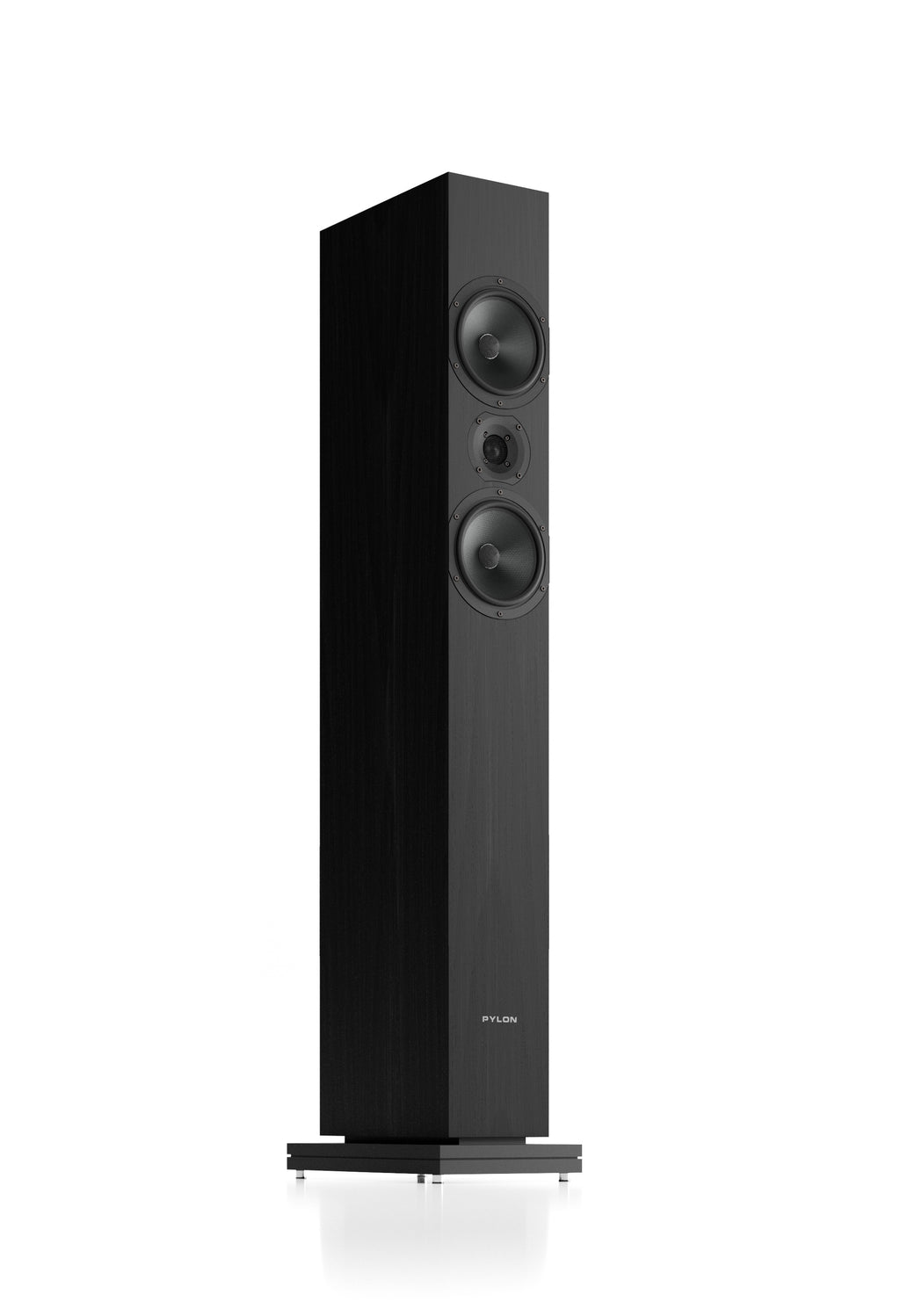 Black floorstanding loudspeaker with three front drivers: tweeter, mid, woofer