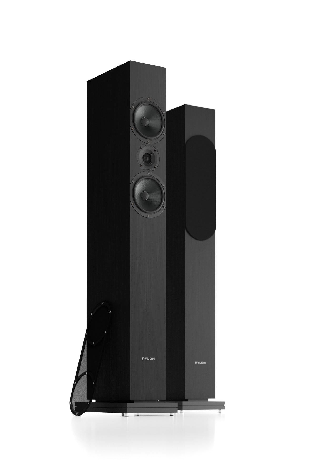 Pair of black floorstanding loudspeakers, angled, showing three front drivers each