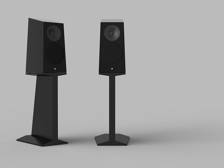 Pair of floor-standing black speakers with dual drivers, tall pedestal bases