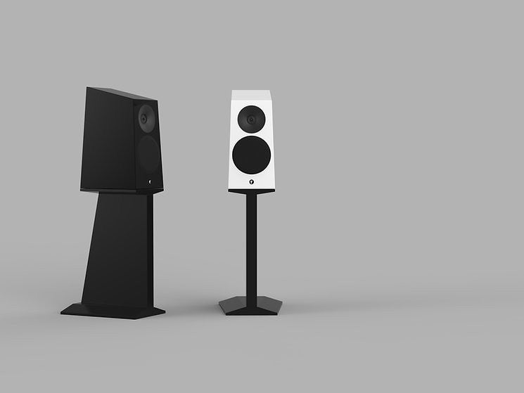 Floor-standing speaker pair, black and white cabinets, dual drivers on pedestals