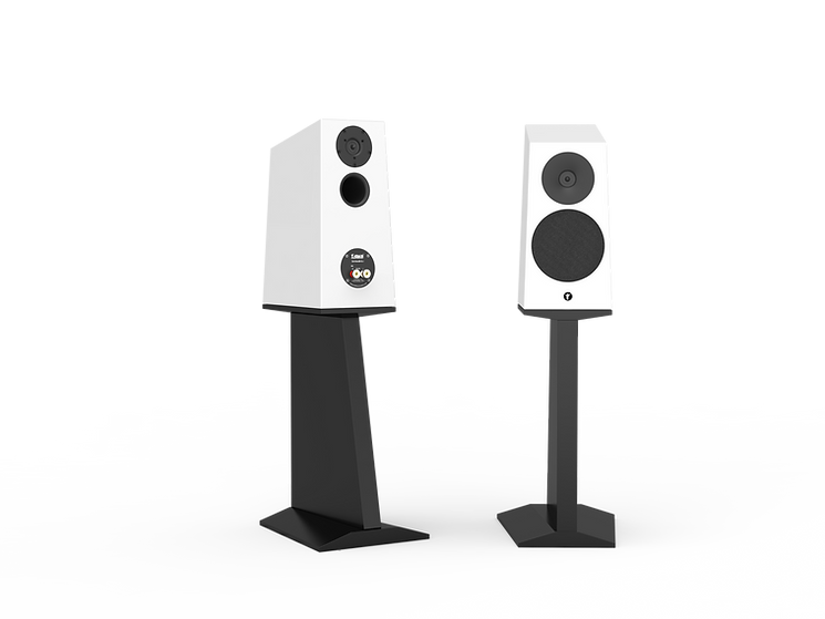 Floor-standing speaker pair, white and black cabinets, dual drivers on pedestal stands