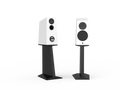 Floor-standing speaker pair, white and black cabinets, dual drivers on pedestal stands