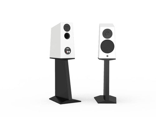 Floor-standing speaker pair, white and black cabinets, dual drivers on pedestal stands