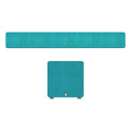 Cyan wireless soundbar with matching square subwoofer speaker