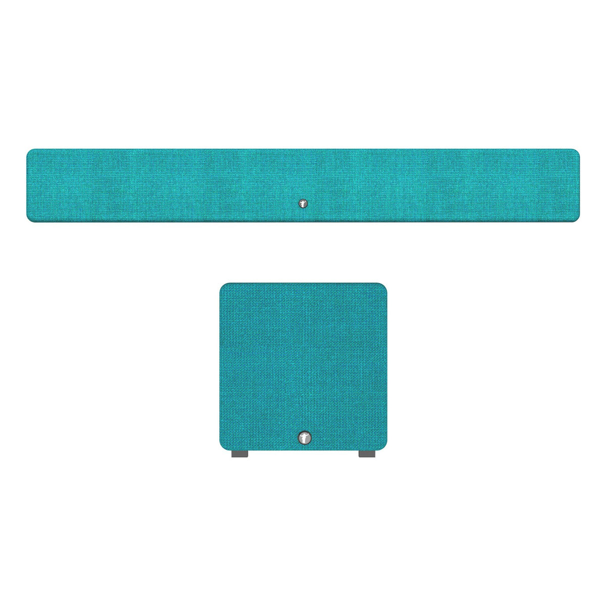 Cyan wireless soundbar with matching square subwoofer speaker