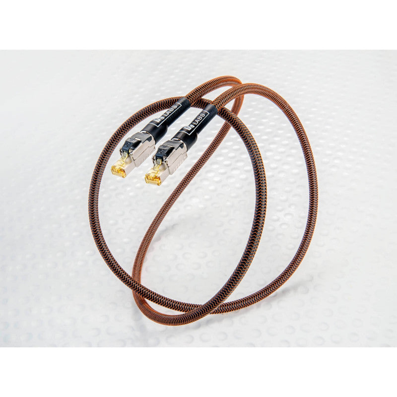 DH-Labs Reunion Cat8 Ethernet cable in a loop, braided brown jacket with RJ45 ends