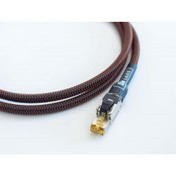 DH-Labs Reunion Cat8 Ethernet cable close-up of RJ45 plug on braided brown jacket