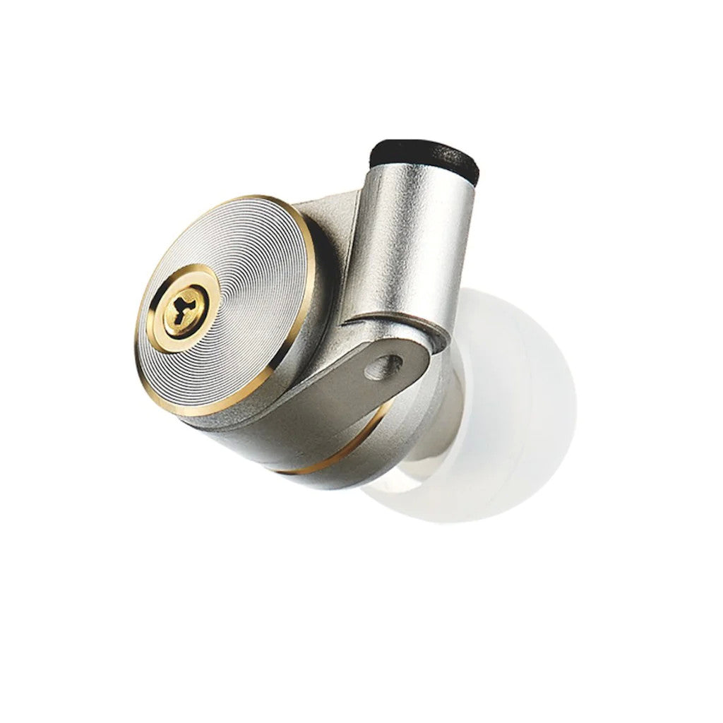 Close-up of silver in-ear earbud with gold screw face and black ring