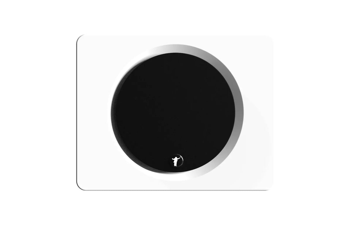 White wall control panel with circular black knob and small logo