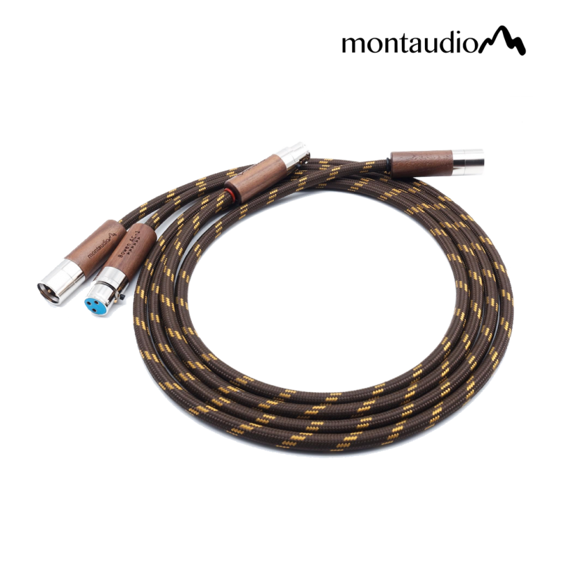 Braided audio cable with black-and-gold pattern and two metal connectors