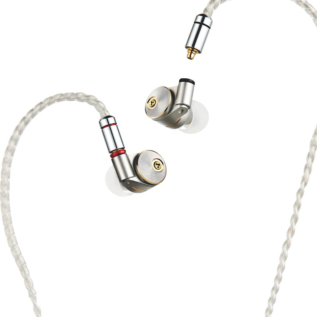 Silver in-ear earphones with gold accents and braided cable, 3.5mm plug