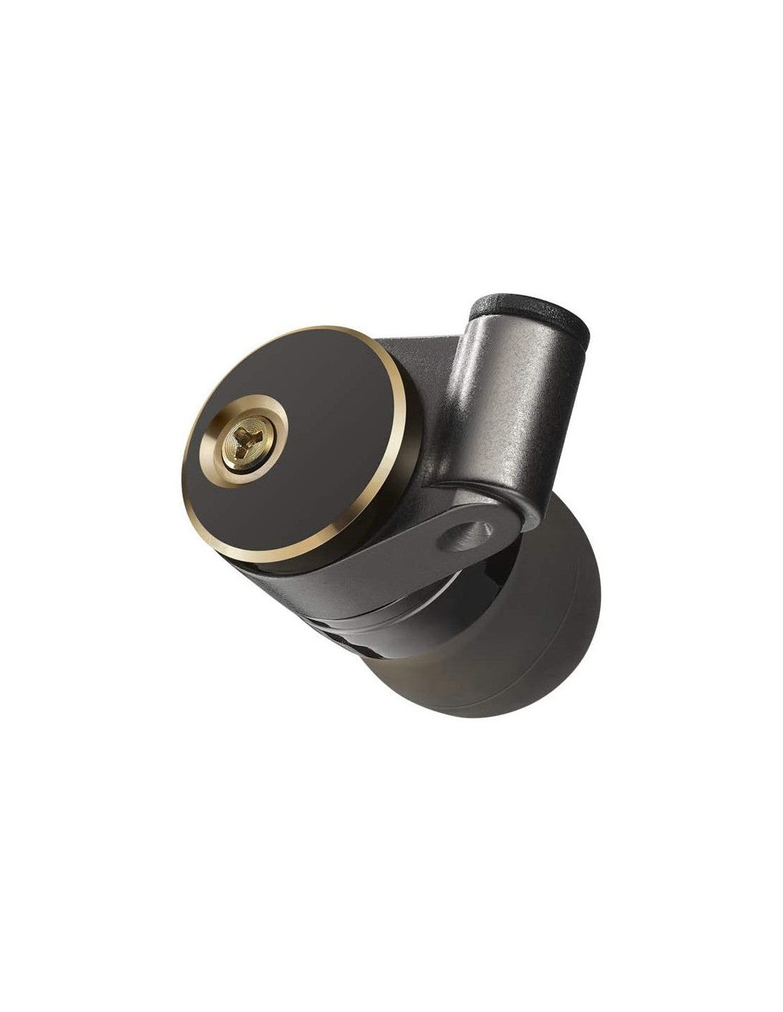 Black earbud charging case with gold accent ring and metal connector