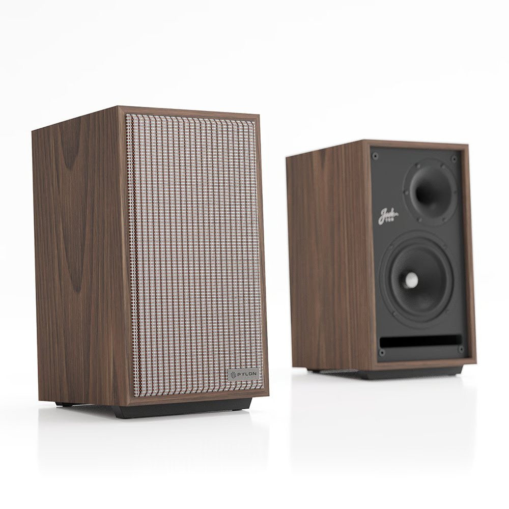 Walnut wood bookshelf speaker with rear grille mesh panel and front dual drivers