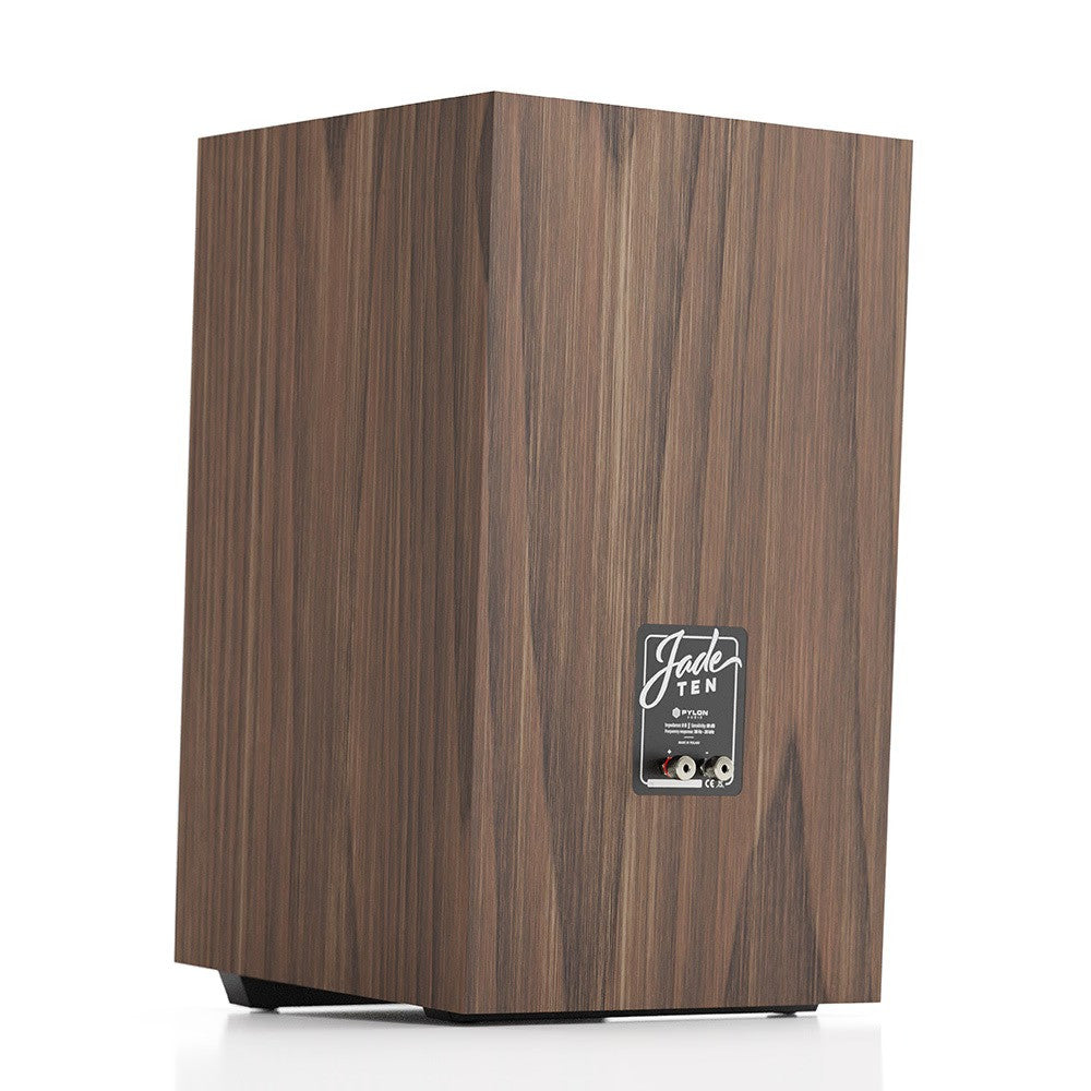 Walnut wood speaker cabinet with rear label and black base feet