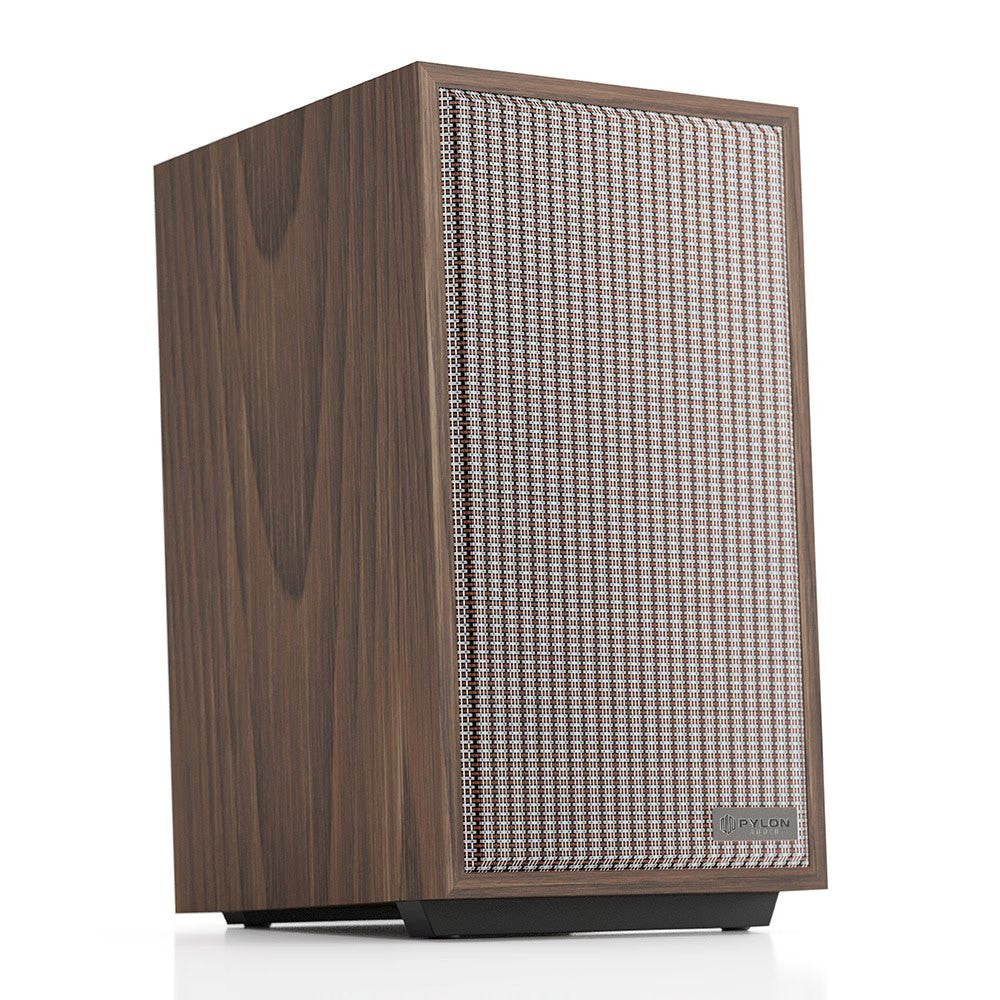 Walnut wood speaker cabinet with rear grille mesh panel and black bottom feet