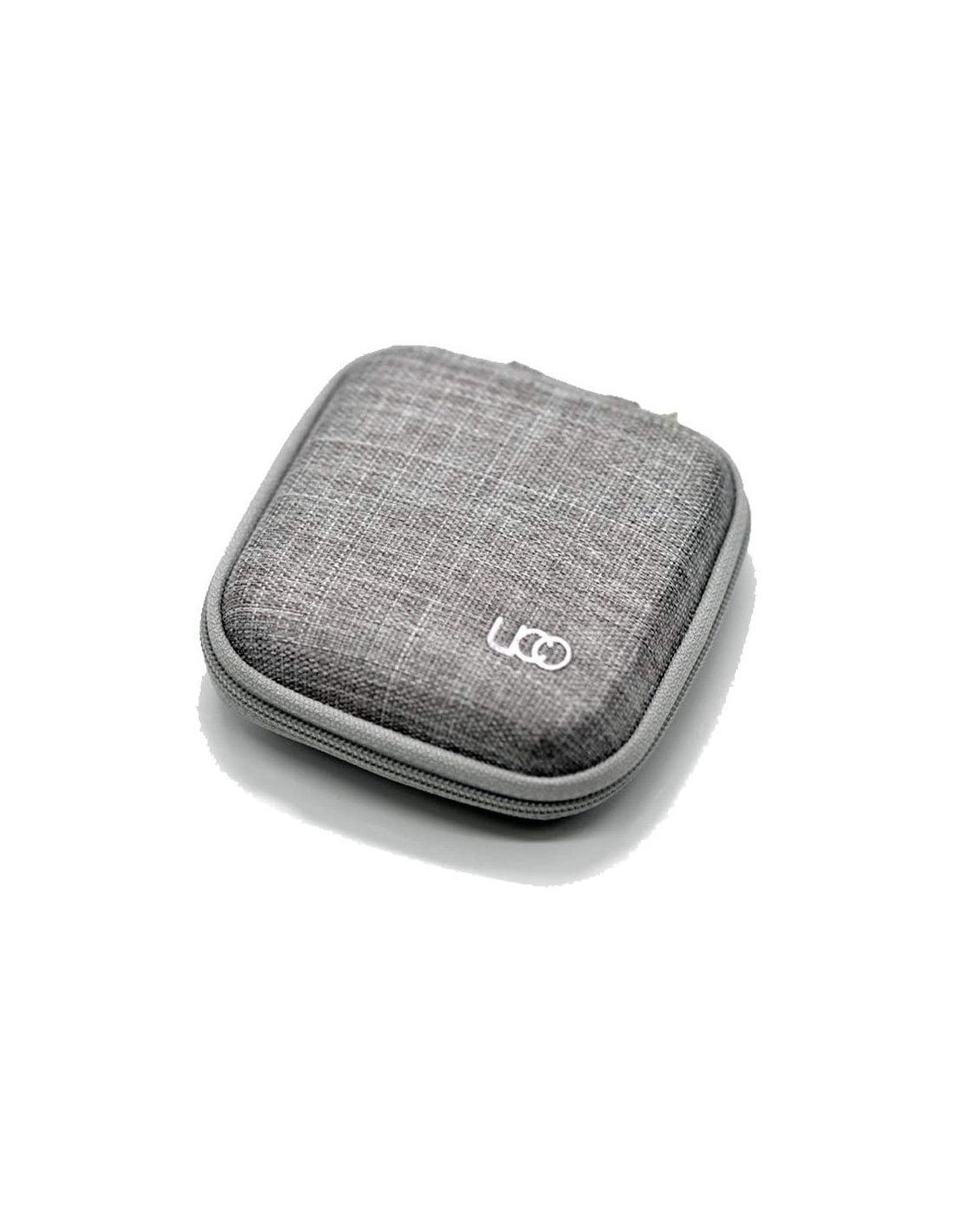 Gray zippered earbuds case with textured fabric and Ucotech logo
