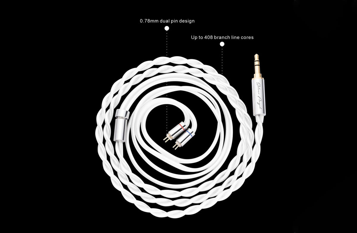 In-ear monitors with white braided cable and metallic audio connectors