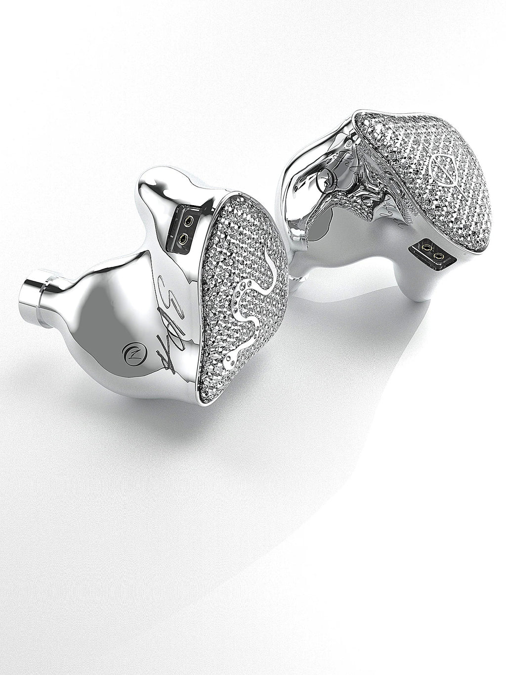 Silver in-ear monitors with metallic mesh housings and chrome connector stems