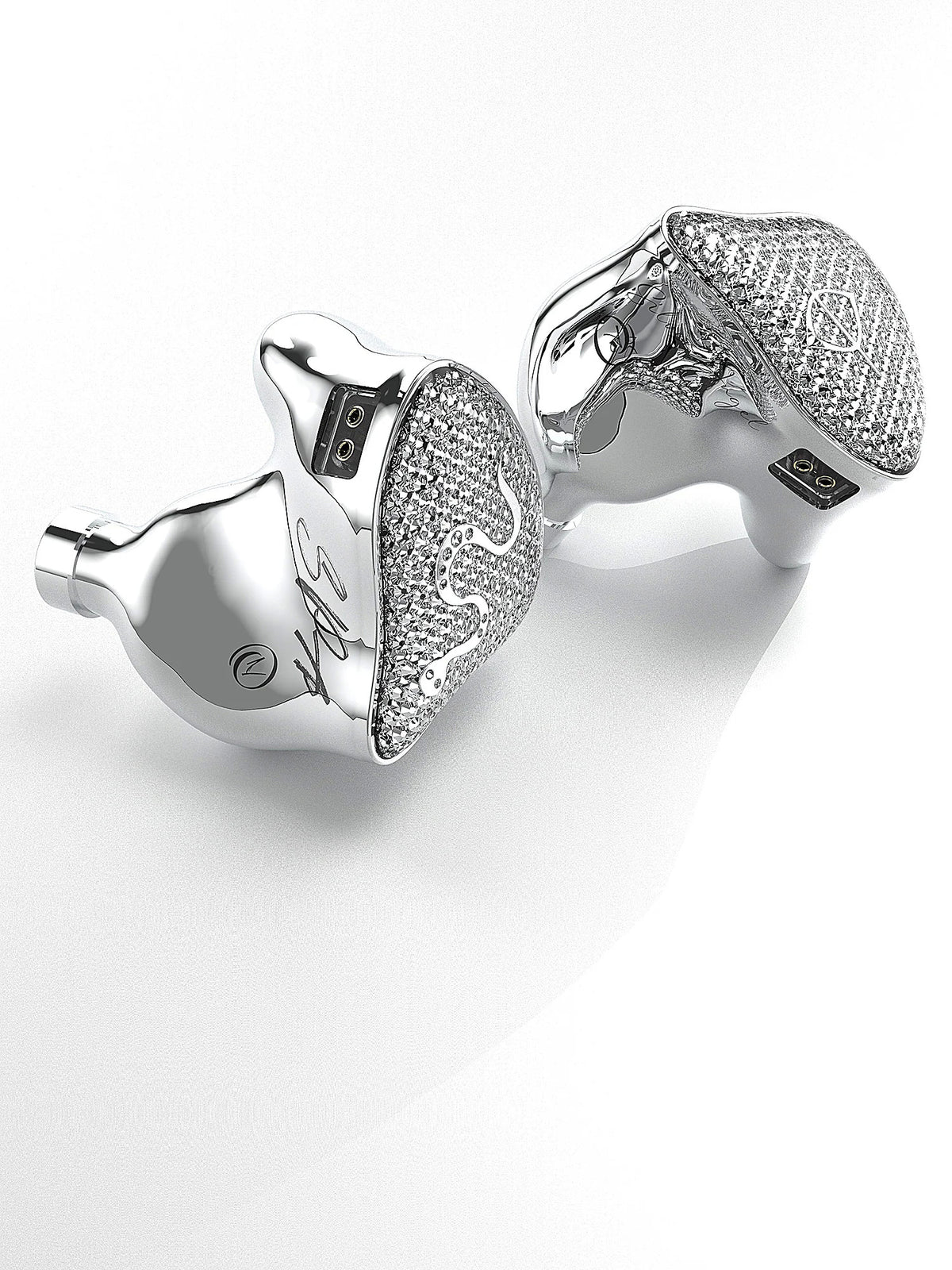 Silver in-ear monitors with metallic mesh housings and chrome connector stems