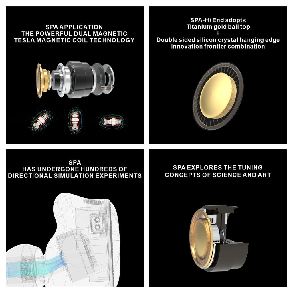 Four-panel feature graphic with coil illustration and tuning concept render