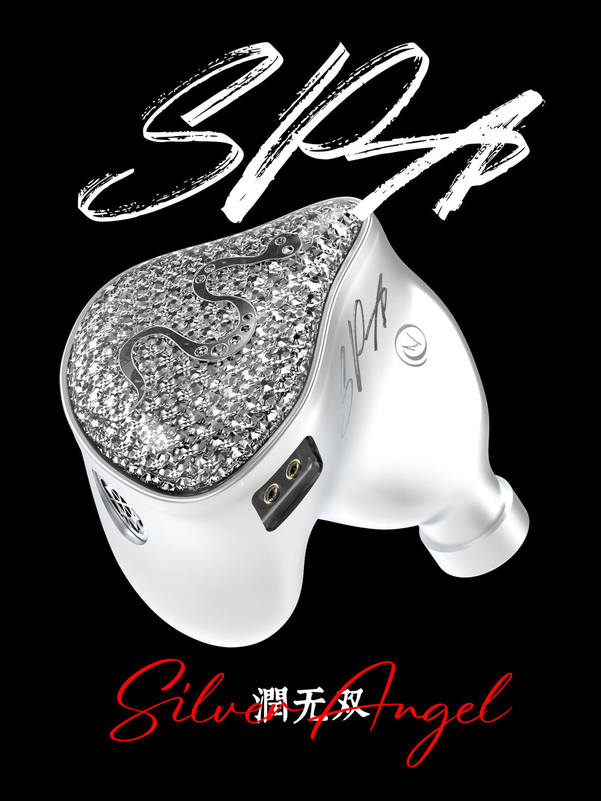 Silver-tone earbuds with heart-shaped crystal glitter face and white silicone tips