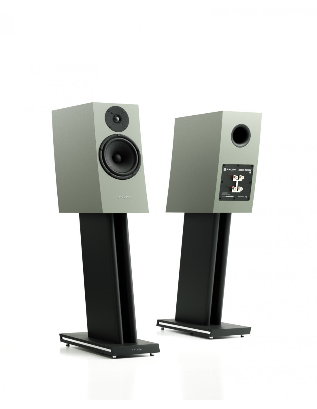 Light green monitor speaker pair with front tweeter and woofer on stands