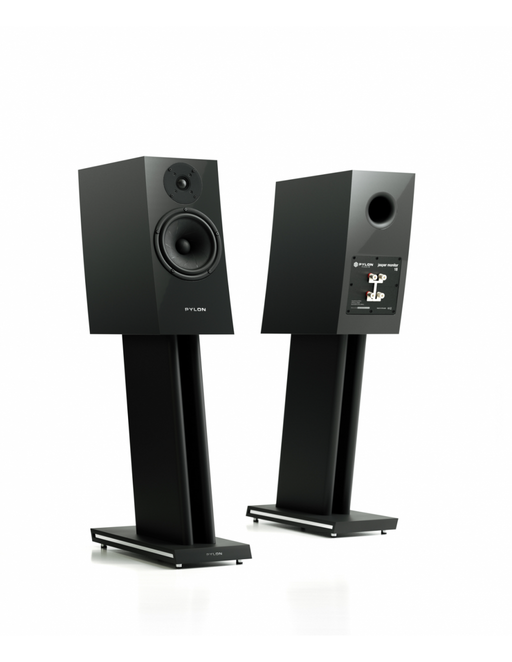 Black monitor speaker pair with front tweeter and woofer on floor stands
