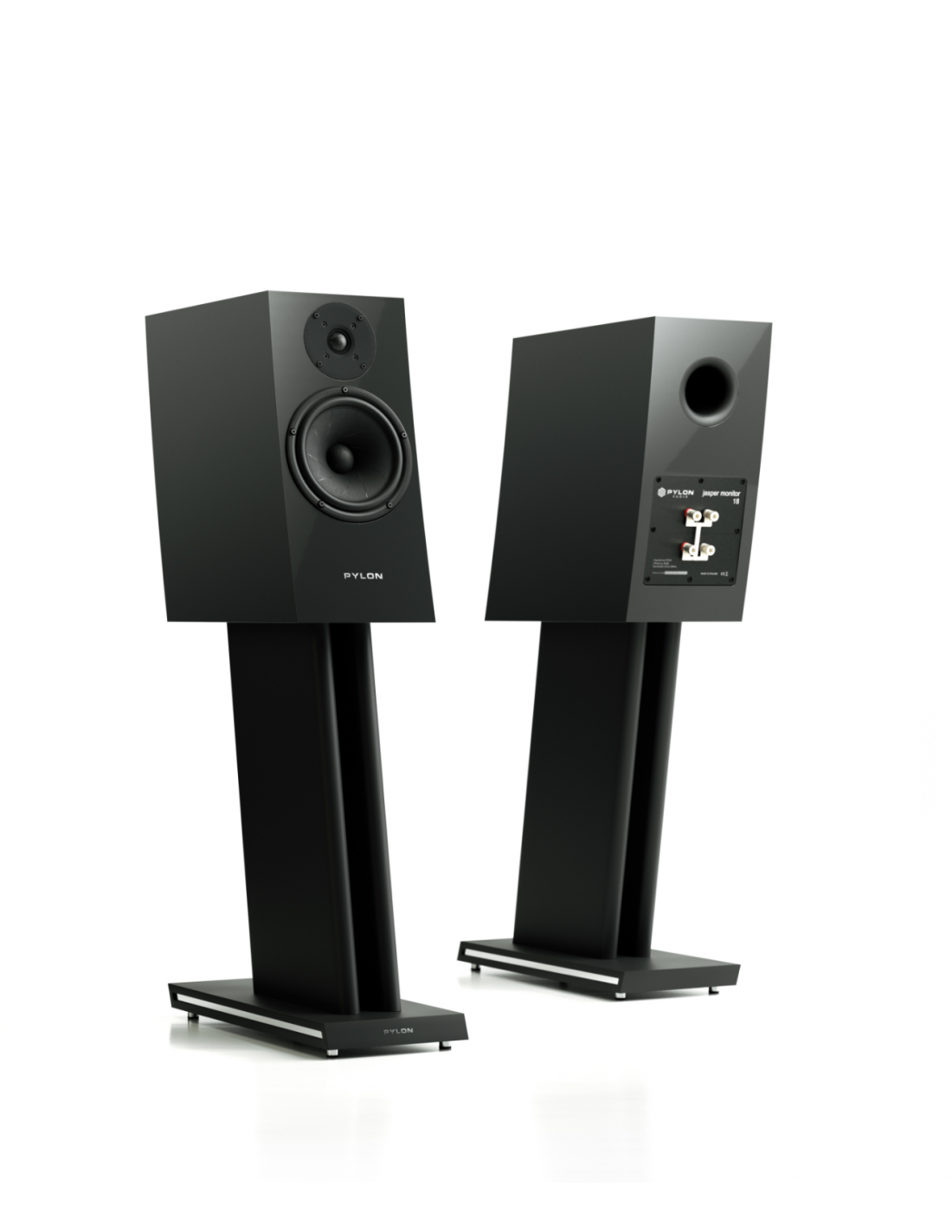 Black monitor speaker pair with front tweeter and woofer on floor stands