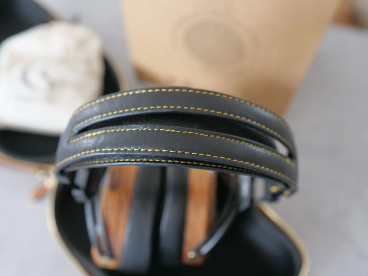 Sendy Audio peacock gold headphones cushioned headband with yellow contrast stitching