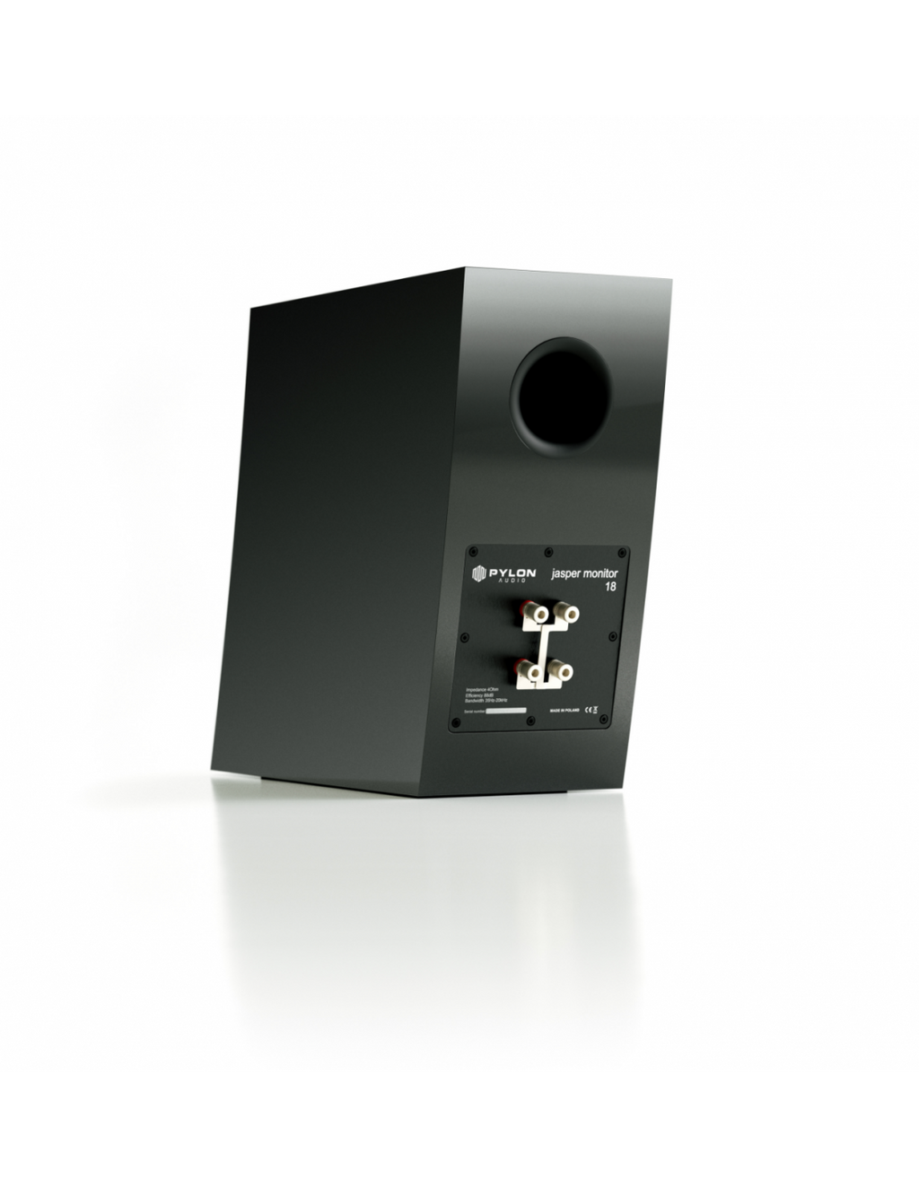 Black monitor speaker rear panel with port and connection inputs