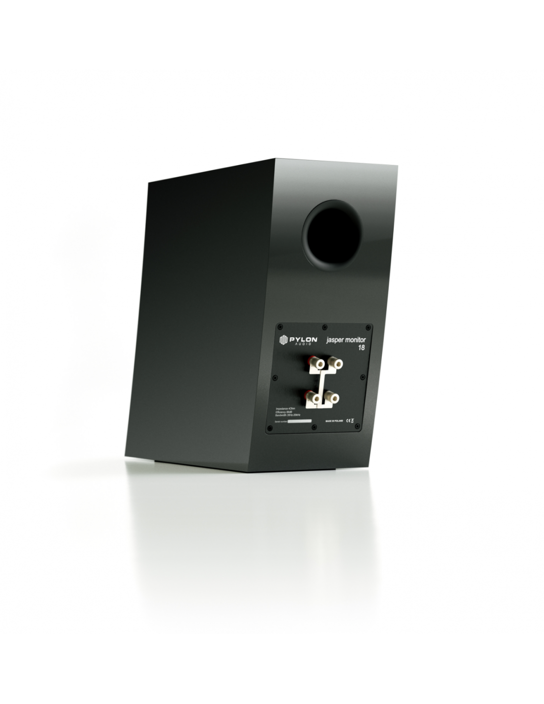 Black monitor speaker rear panel with port and connection inputs