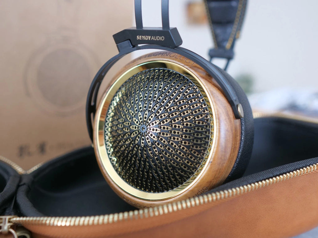 Round gold speaker grille earcup on black headphones with brown leather band