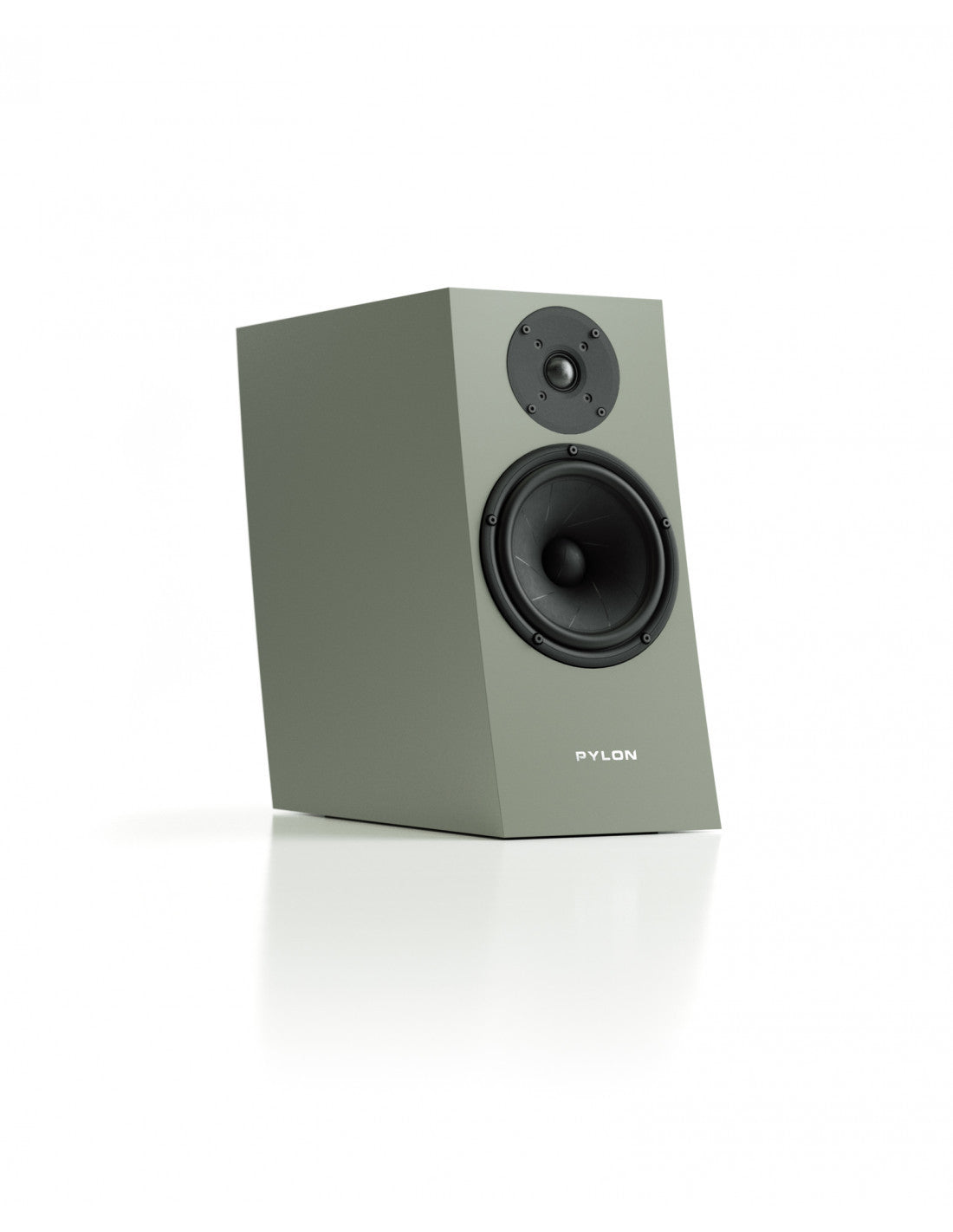 Light gray monitor speaker front baffle with tweeter and woofer