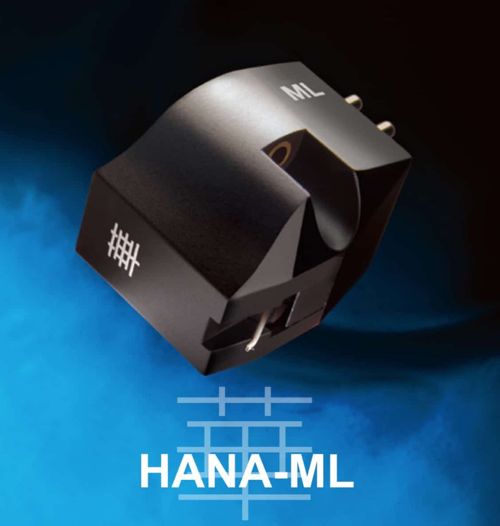 Black Hana ML moving coil cartridge angled with stylus tip and gold pins