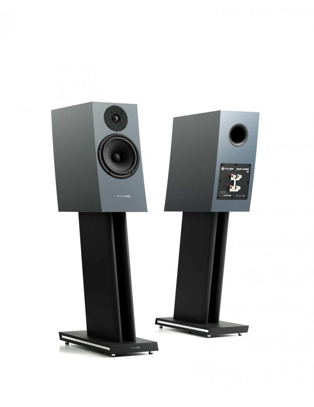 Angled view of light green monitor speaker pair with front tweeter and woofer