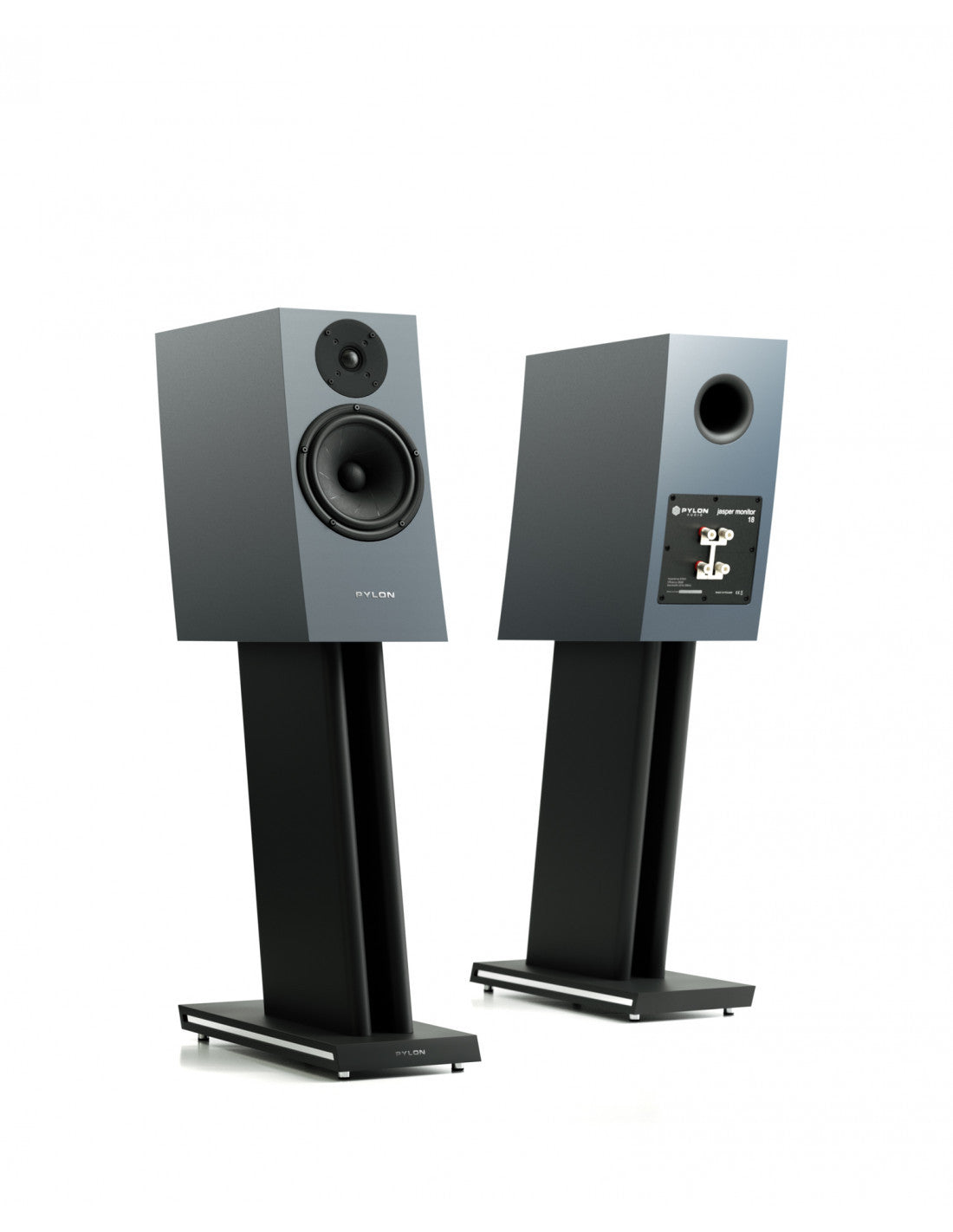 Angled view of light green monitor speaker pair with front tweeter and woofer