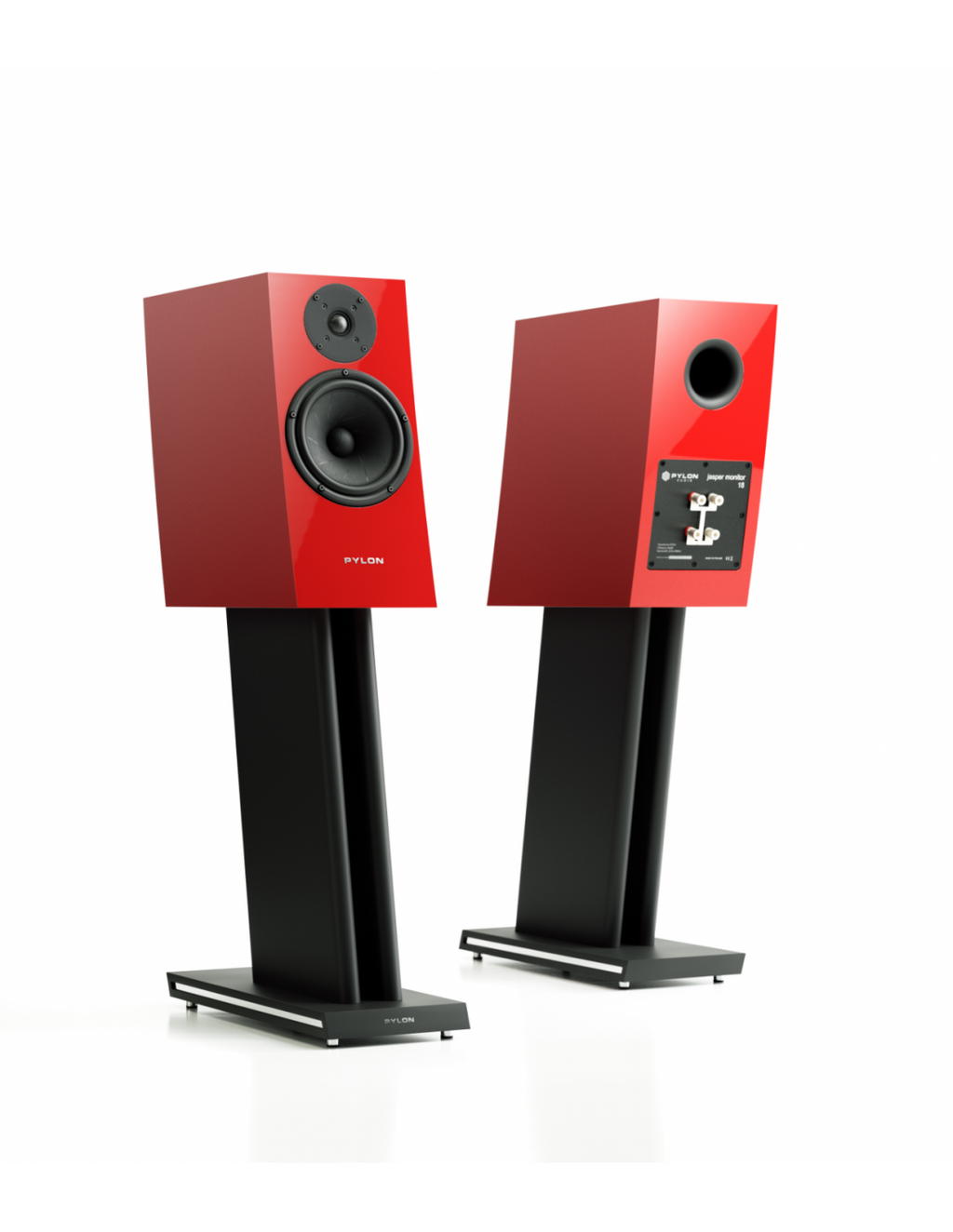 Red monitor speaker pair with front tweeter and woofer on floor stands