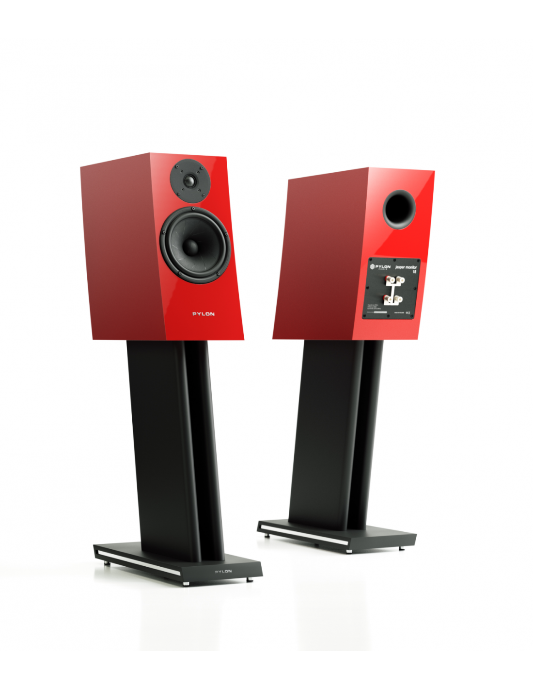 Red monitor speaker pair with front tweeter and woofer on floor stands
